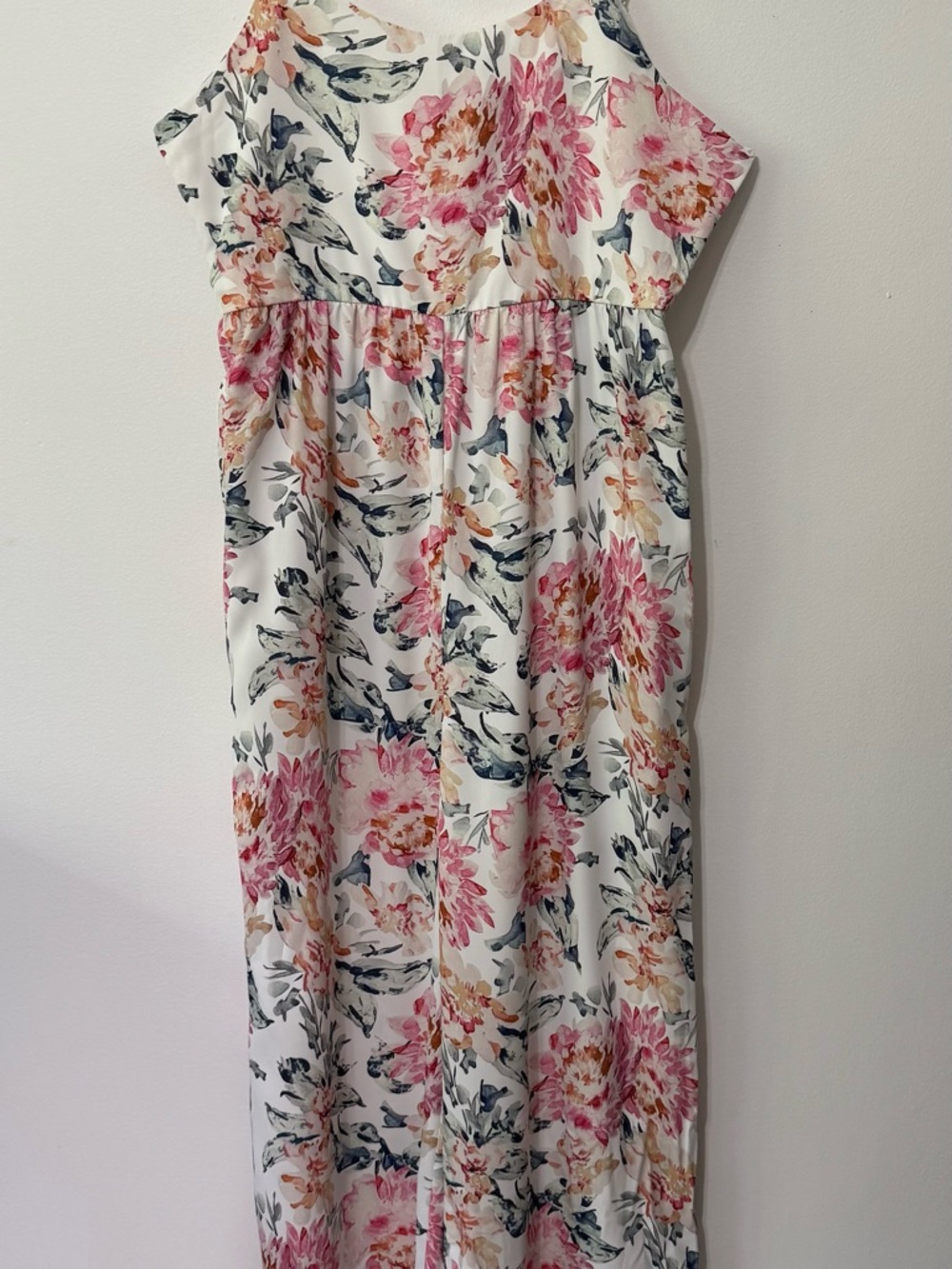 White Floral Romper with Pink & Green Bloom Print $15